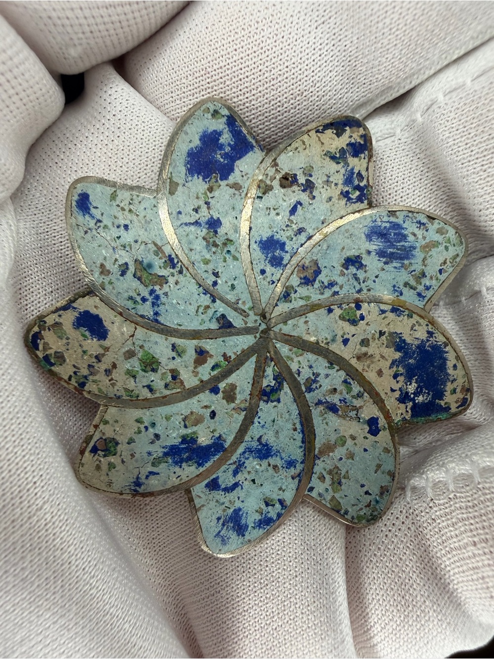 Vintage Mexican Sterling Silver Blue Stone Inlay Flower Brooch Pendant 1.75” Pin
